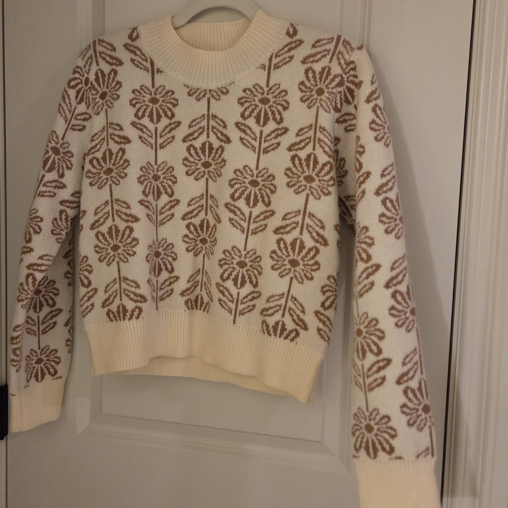 Elegant Floral Cream and Brown Sweater